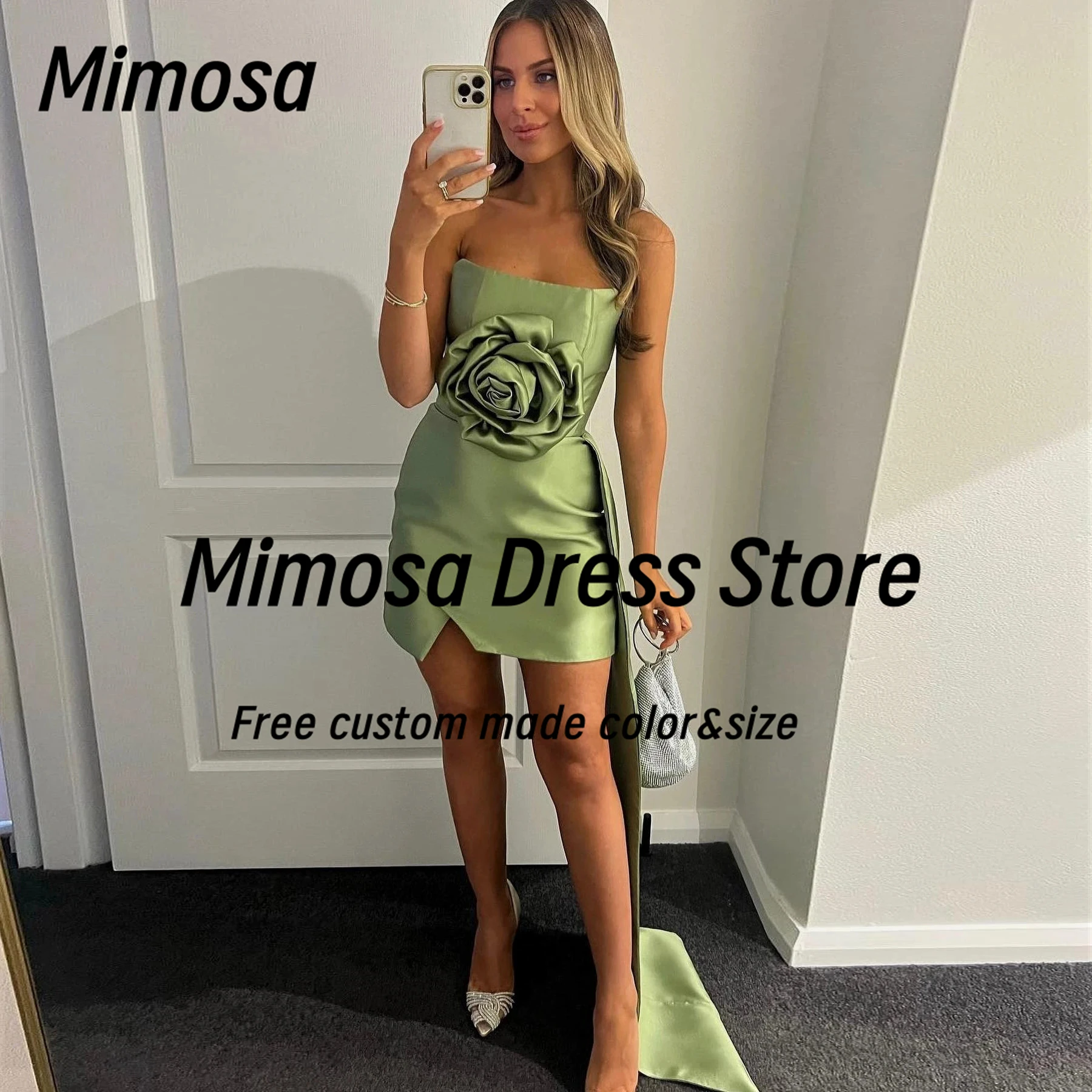 

Mimosa Simple Short Prom Dresses Strapless Flower Wedding Guests Wear Mini Gowns with Flutters Robe Des Marrige Customized