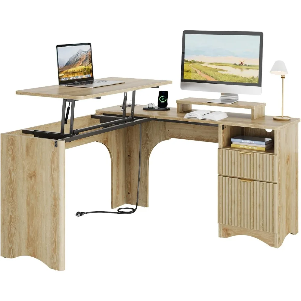 

L Shaped Desk with Lift Desktop, 55 inch Corner Desk with Fluted Panel Deisgn Drawers, Modern Office Desk with File Drawer (Nat
