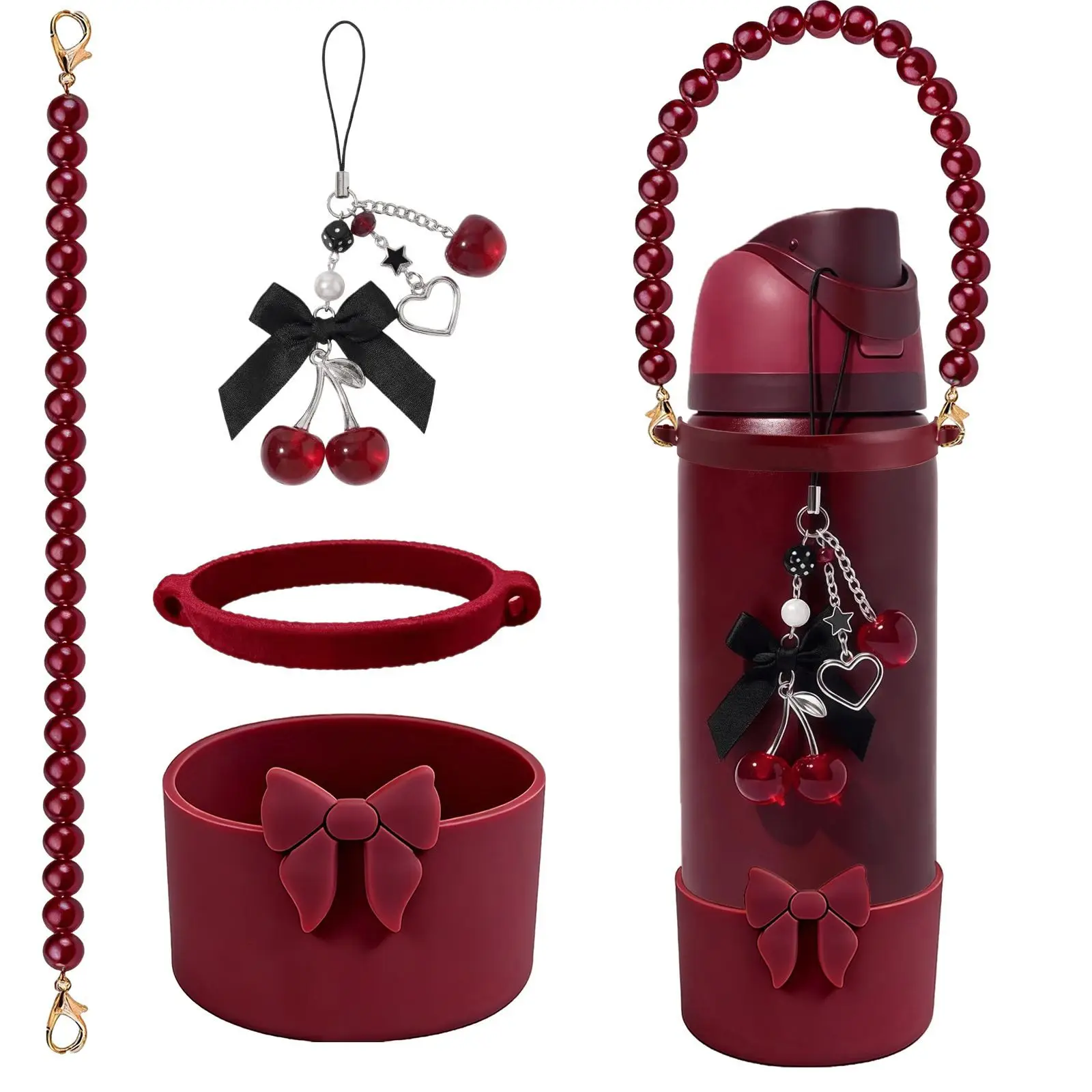 Hot-Selling for Owala Cup Accessory for Stanley Bow Decoration Silicone Cup Sleeve Cherry Love DIY Pendant