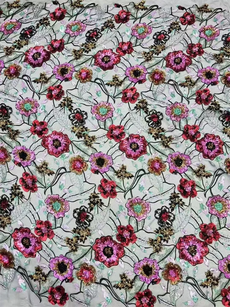 Luxury Sequins French Handmade Embroidery Lace fabric Shining Colorful Embroidery Lace Fabric High Quality Wedding Dresses