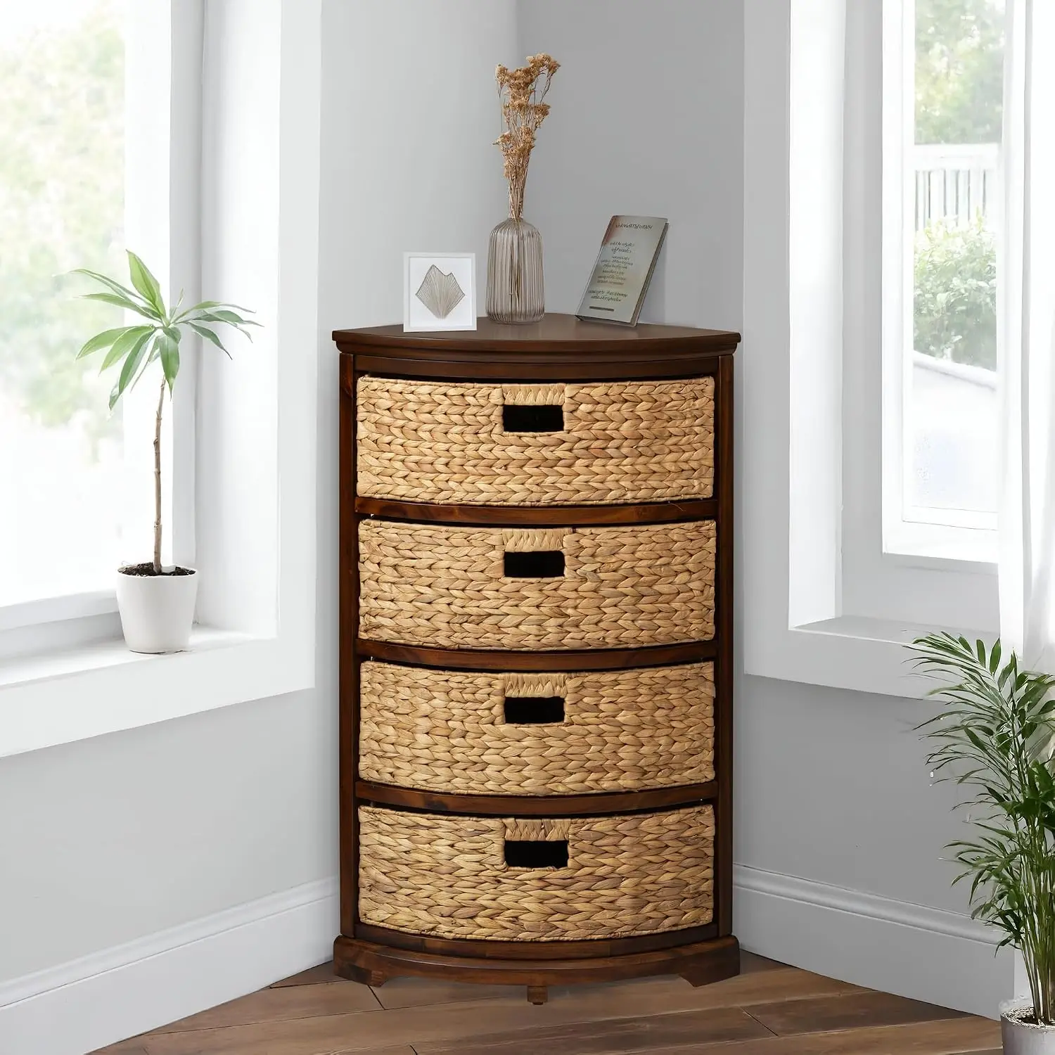 Hampton Meadows 4 Tier X-Side Corner Table Storage Cabinet, Walnut | 4 Wicker Baskets, Quarter Round, For Small Spaces