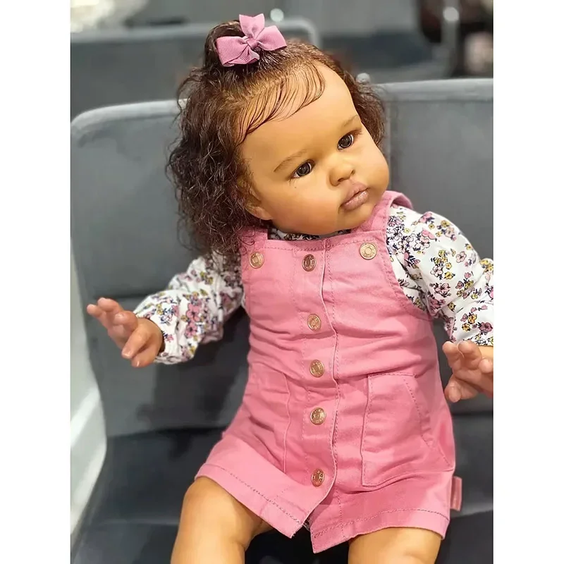 

24Inch Ellie Reborn Baby Doll Dark Skin Newborn Doll Princess Girl Lifelike Soft Touch 3D Skin Art Doll with Hand Root Hair