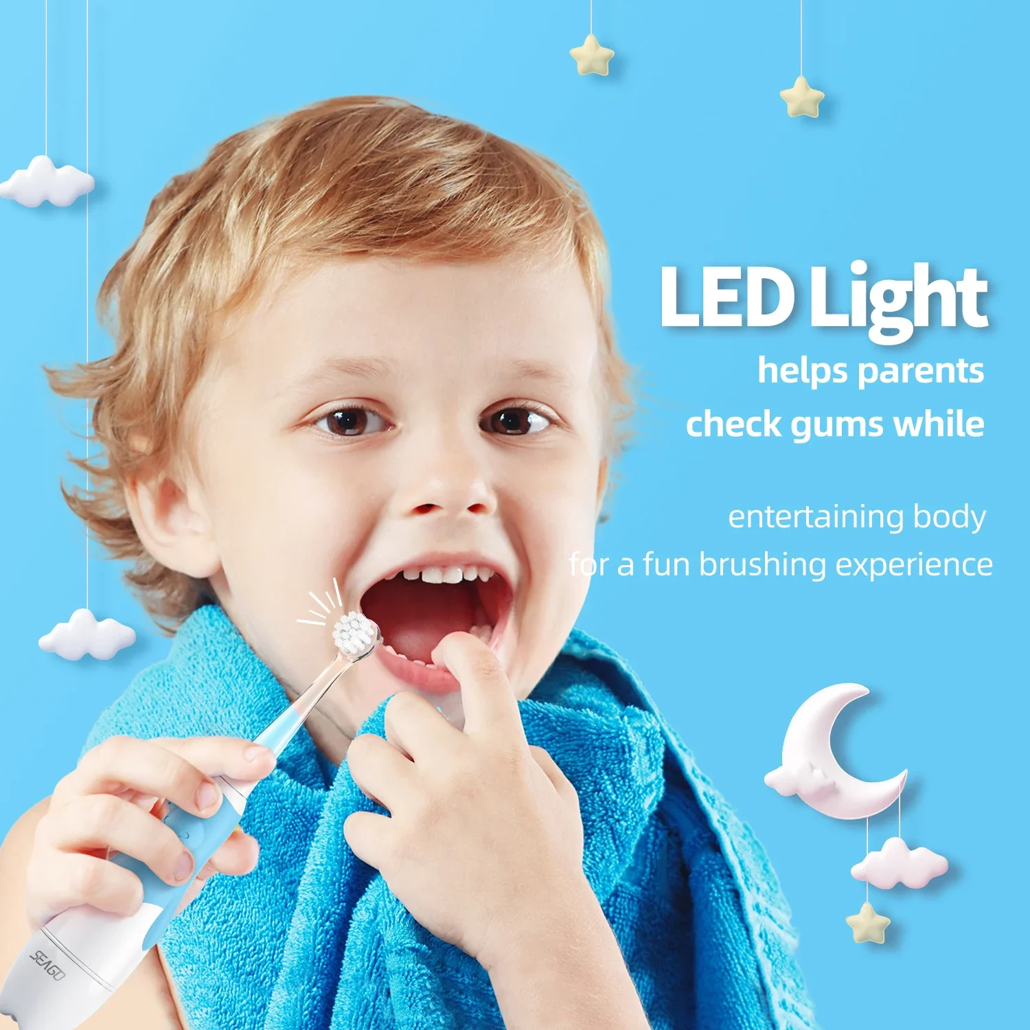 Seago-cepillo de dientes eléctrico para niños, dispositivo dental sónico con luz de observación, cabezal reemplazable, con temporizador inteligente