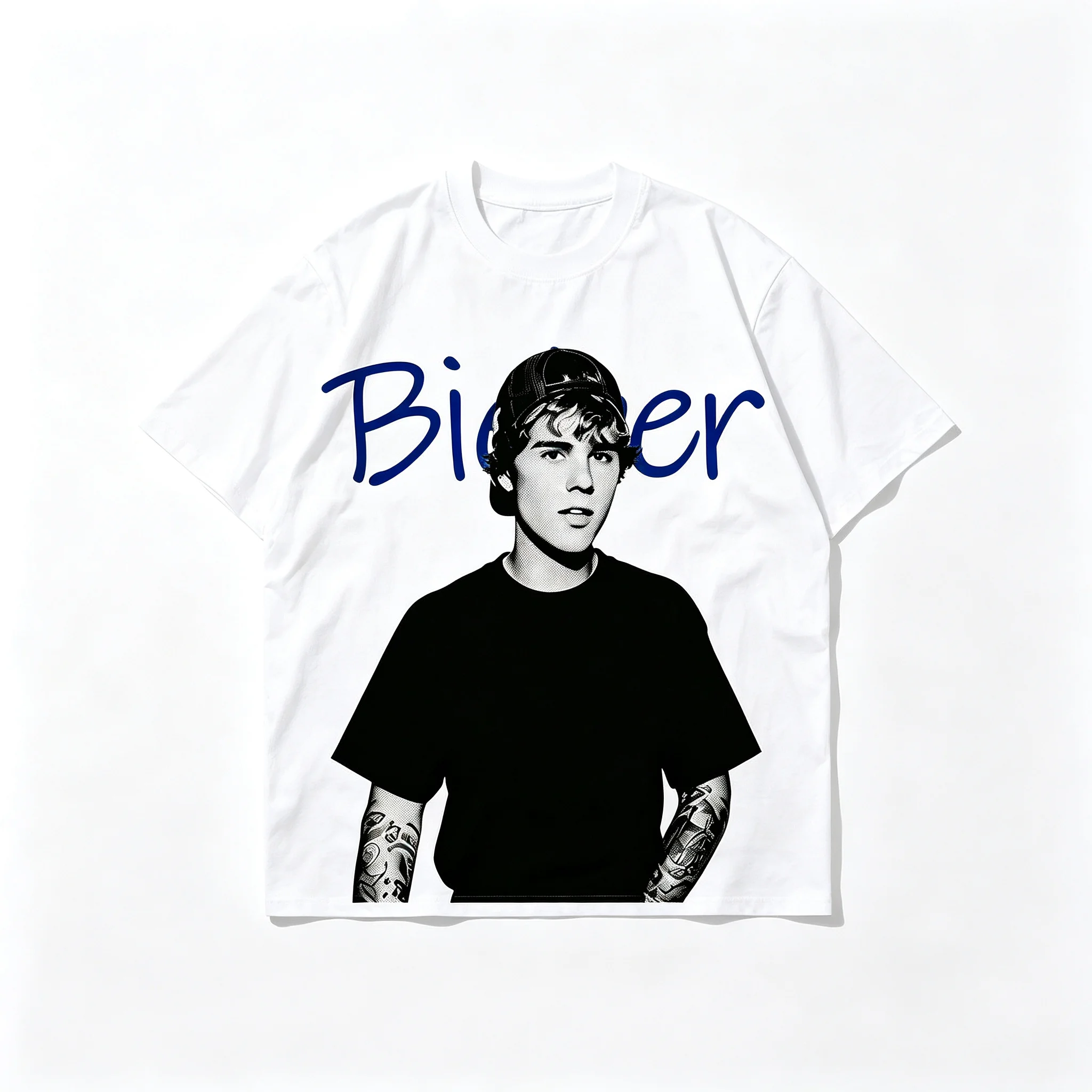 Pop Music Streetwear Aesthetic Justin Bieber Portrait Script Overlay Graphic Print Cotton Unisex Crew Neck T-Shirt Y2k