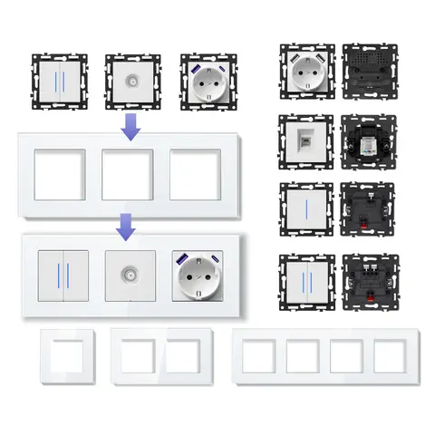 BSEED 스위치 DIY 모듈 전등 스위치 부품 흰색 유리 프레임 DIY 조합 벽 소켓 TV CAT6 USB-C 충전 키 E-시리즈