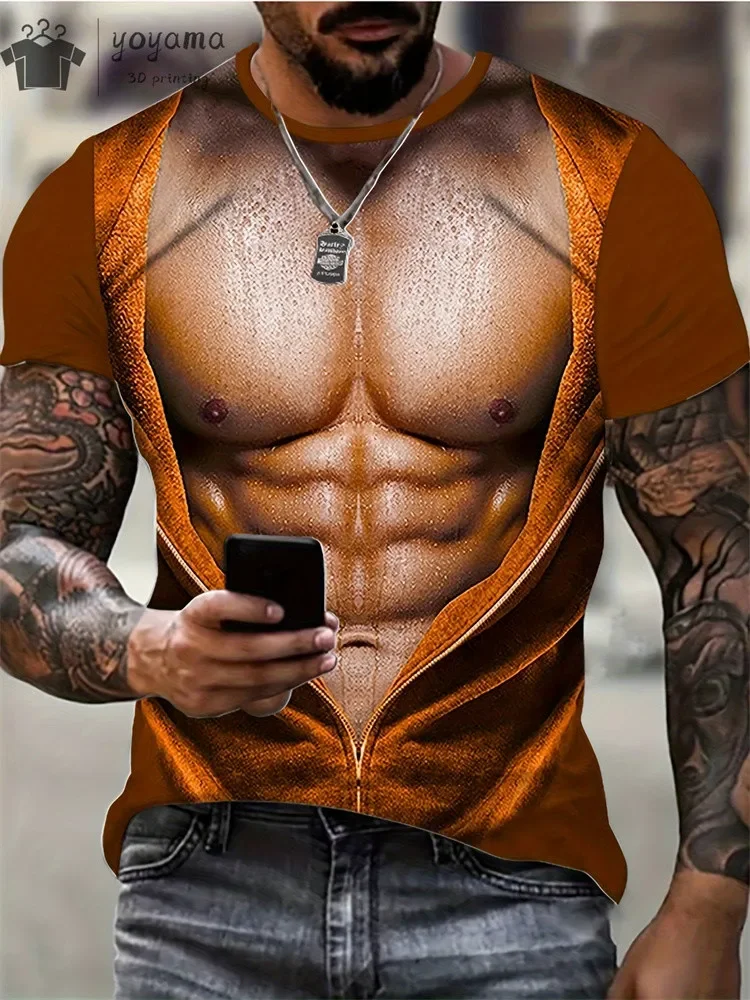 3D-Gedrucktes Schnelltrocknendes Atmungsaktives Herren-T-Shirt mit Fake-Muskeln für Sport, Outdoor, Streetwear, Trendy-Style, Rollenspiel, Party, O-Ausschnitt-Oberteil – Detail 8