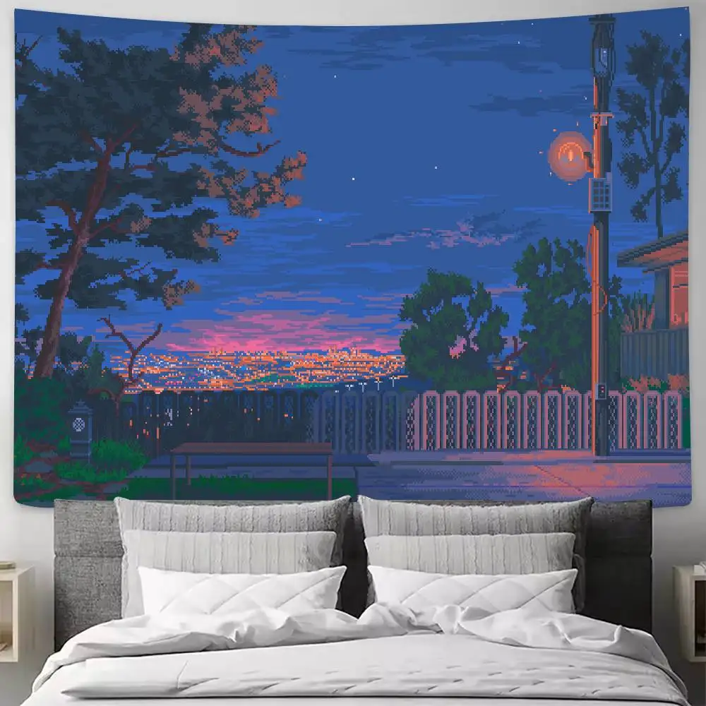 Pixel Art Night Sunset Landscape Tapestry, Japanese Suburb Dusk Street Scene Retro 8 bit Anime Scenery for Bedroom Decor