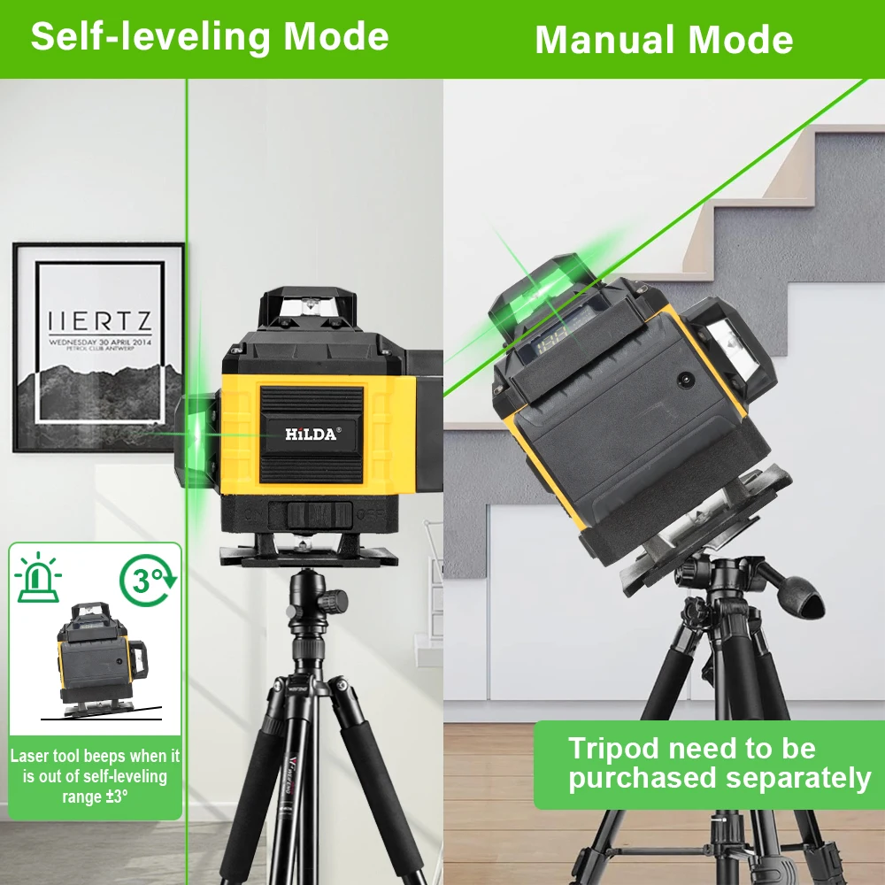 HILDA 4D16 Линии Лазерные Горизонтальные Вертикальные Зеленые 360° °   Самовыравнивающийся для строительства магнитного кронштейна и пульта дистанционного управления ﻿