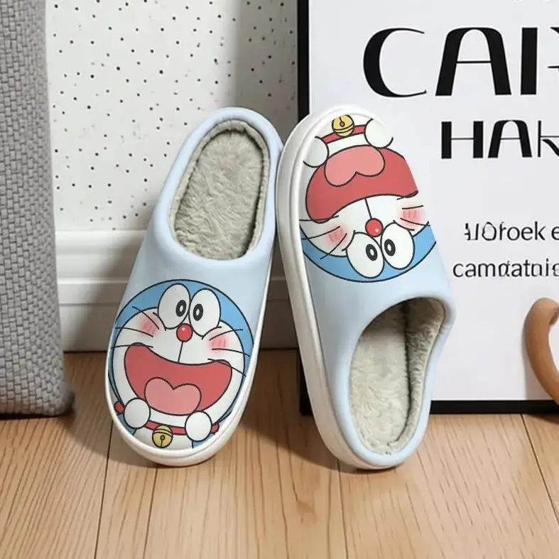 Cute Cartoon Doraemon Print Winter House Slippers Unisex Warm Furry Lined Nonslip Indoor Home Slipper Shoes Bedroom Daily Wear