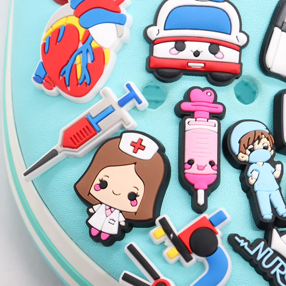 1pcs First Aid Kit Ambulance Syringe Nurse Doctor Thermometer Stethoscope PVC Shoe Decoration Buckle Charms Accessories Kid Gift