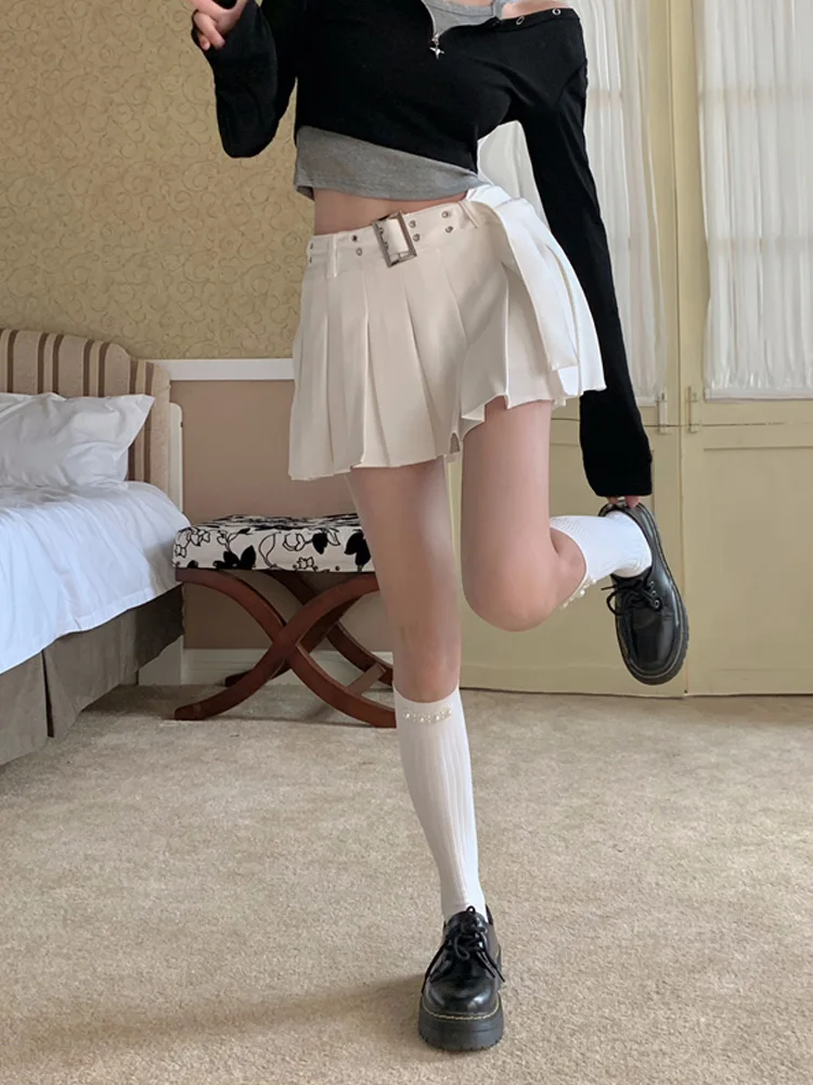 Benuynffy White Y2k Cargo Pleated Mini Skirts Women Sexy Retro Low Waist A-Line Skirt Harajuku Girl Slim Short Skirt with Belt