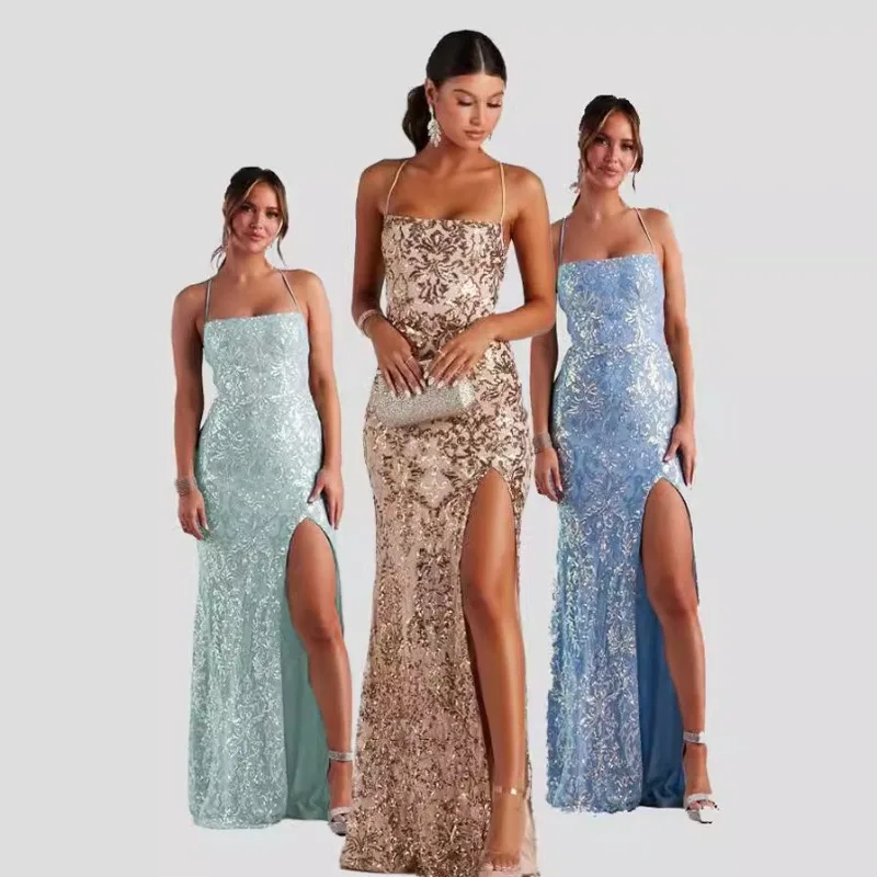 Women 2026 Spring Summer New Hot Selling Sexy Off Shoulder Sequin Maxi Evening Dress Elegant Slit Party Gown European American