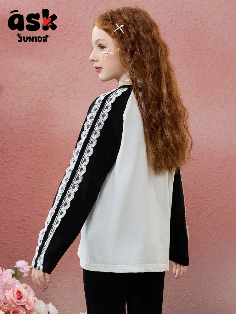 تي شيرت Ask Junior بأكمام طويلة للفتيات، قميص سفلي مضاد للبكتيريا بألوان متباينة وأكمام خشنة #4