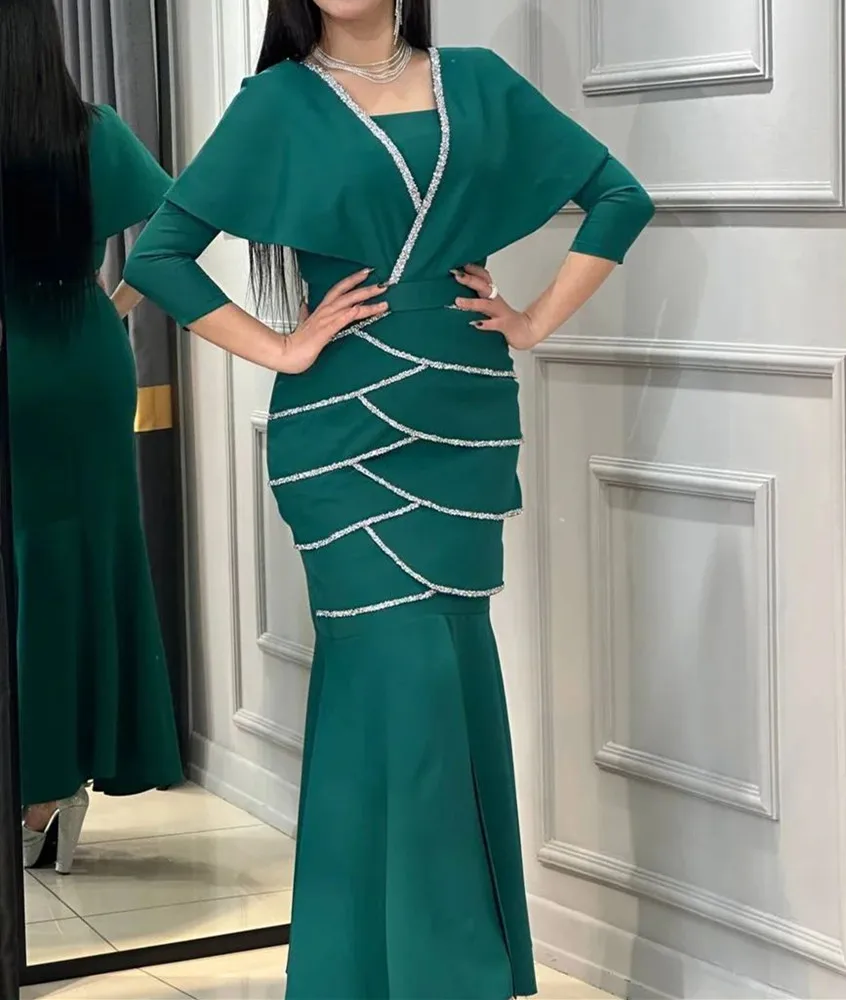 

2023 Green Chiffon Sequin Women's Evening Dress Tiered Long Sleeve Mother of the Bride Dress Elegant Arabian Dubai Party Gown