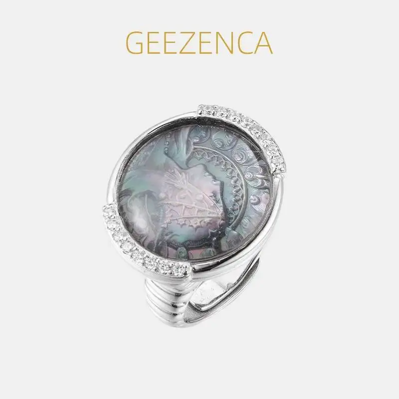 GEEZENCA 925 Sterling Silver Mother Of Pearl White Crystal Zirconia Adjustable Ring Women Queen Cameo Round Chunky Rings Gift