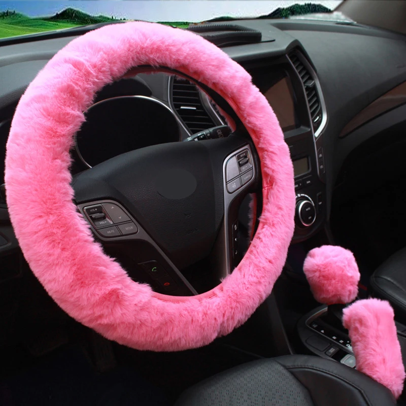 

3Pcs/Set Winter Car Rabbit Hair Steering Wheel Cover Handbrake Warm Fur Case Gear Lever Sleeve Accessories Fashion Auto Interior
