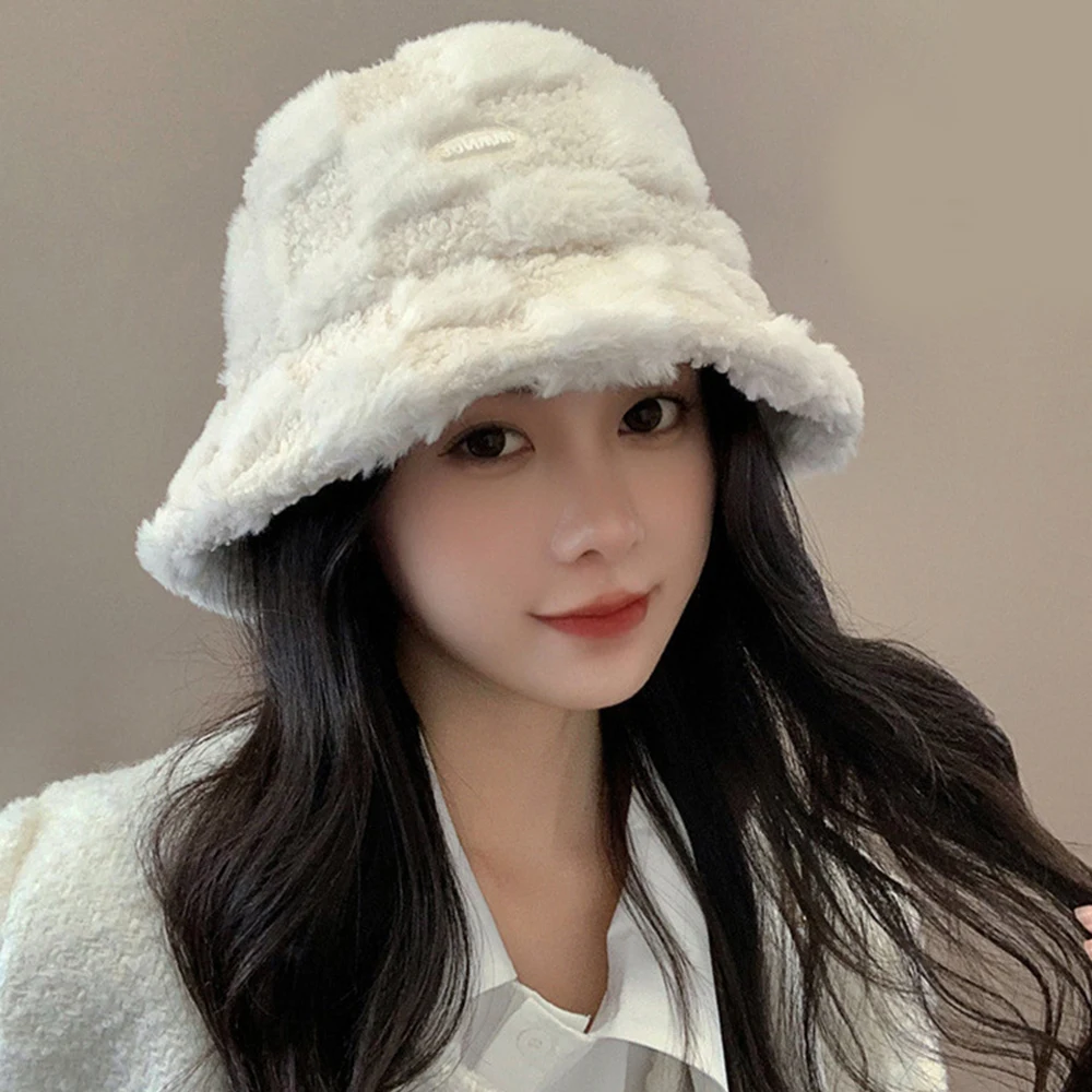 Fashion Winter Girl Boy Bucket Hat  Lamb Wool Letter Fisherman Hat Plaid Flat Top Hats Outdoor Thick Warm Panama Cap For Women