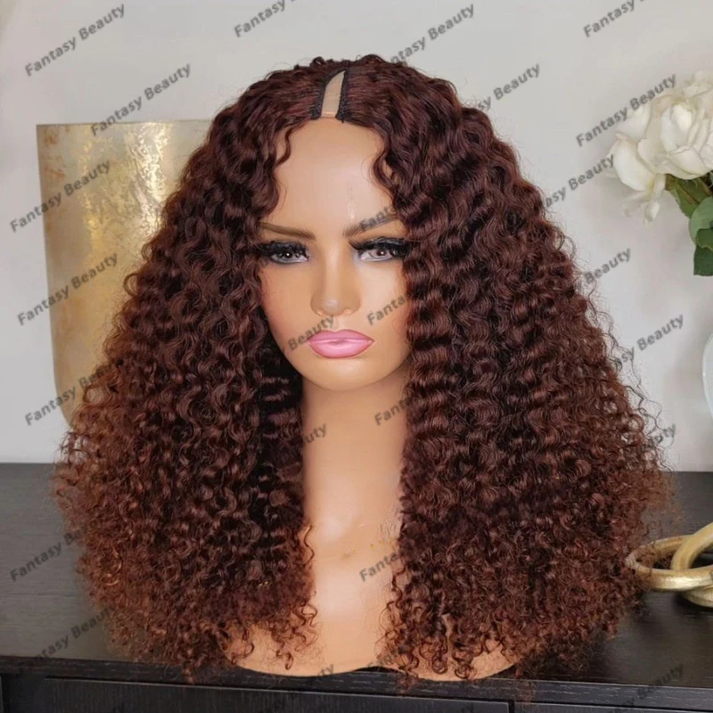 

Glueless 100% Human Hair Opening U Part Wigs Kinky Curly Copper Brown Adjustable 1X4 V Part Wigs Full Thick Ends No Shedding