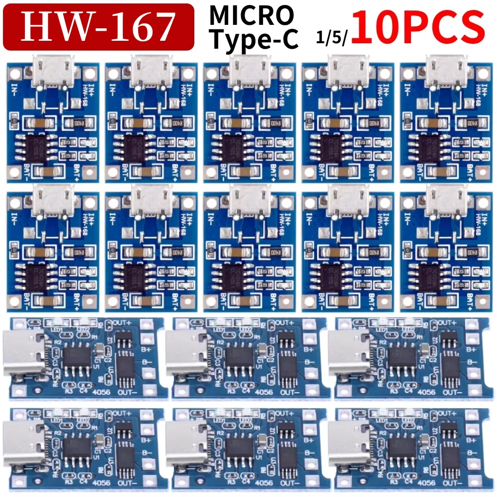 1-10pcs Type-c Micro / TYPE C 5V 1A 18650 TP405~ Lithium Battery Charger Module Charging Board With Protection Dual Functions 1A