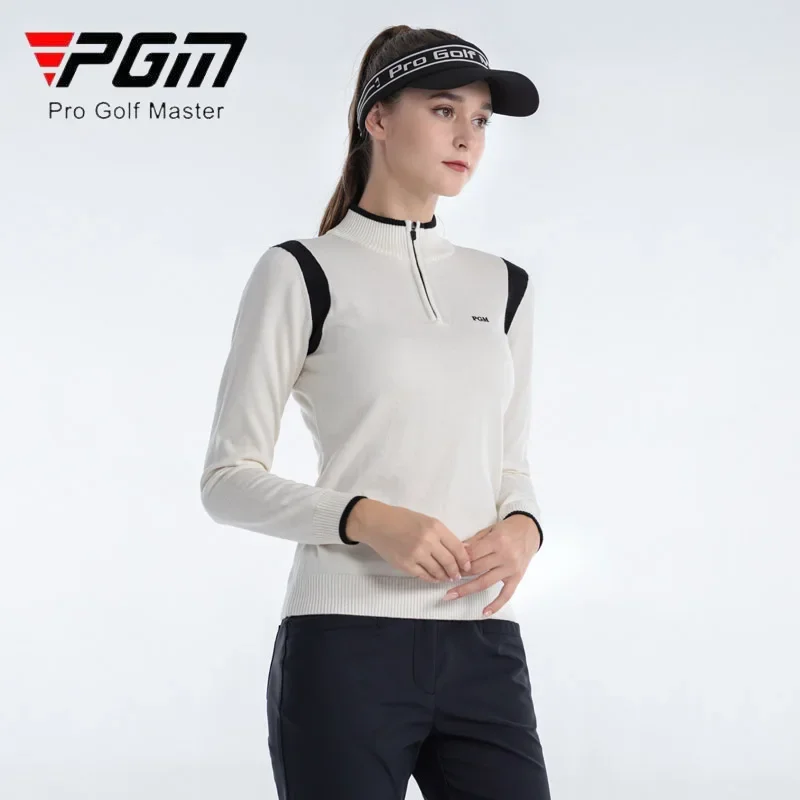 PGM Women Wool Knitted Golf Sweater Ladies Keep Warm Patchwork Pullover Women Zipper O-neck Tops Winter Long Sleeve Golf Shirt