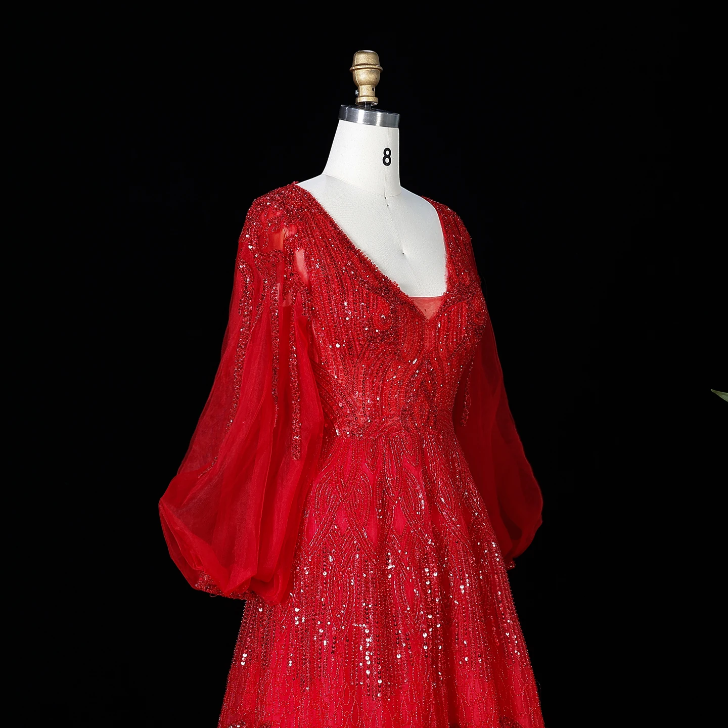 Sharon Said Luxuriöses Rosa Abendkleid mit Perlenstickerei, V-Ausschnitt, A-Linie und Puffärmeln, 2026 Damen Hochzeitsfeier SS057, Maßanfertigung – Detail 14