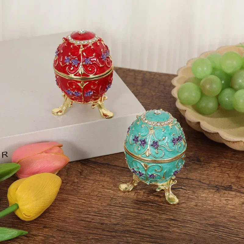 2pcs Egg Jewelry Box European Russian Enamel Craft Easter Gift Egg Jewelry Box Metal Crafts