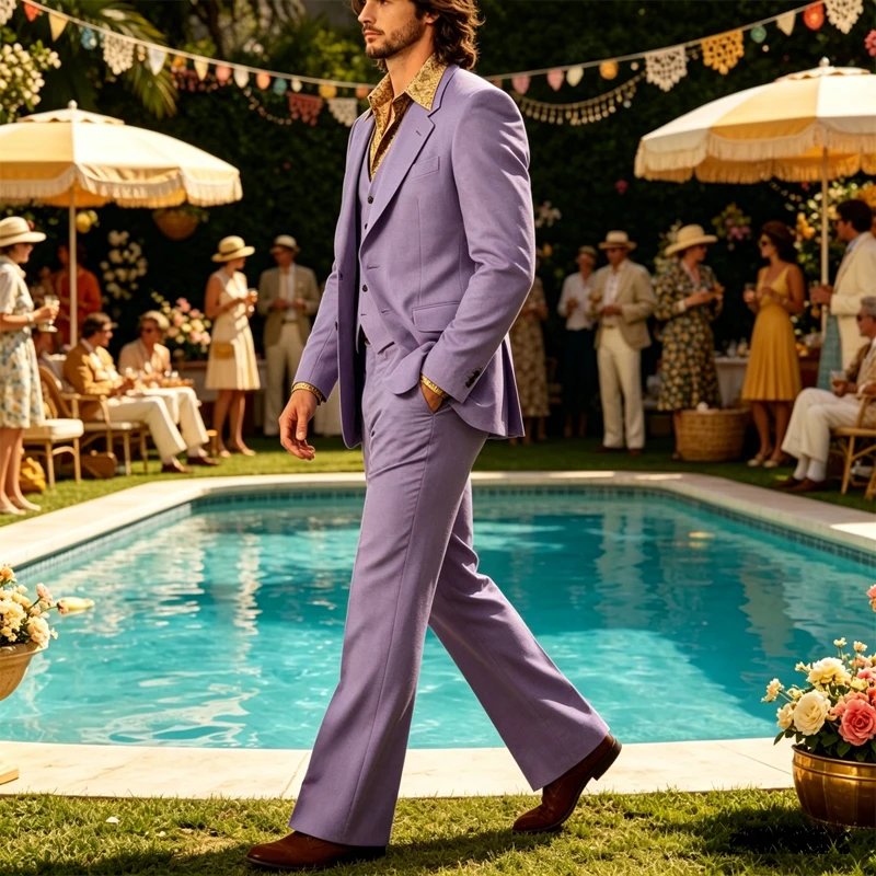 

Retro Men's Linen 3 Piece Notch Lapel 2 buttons Jacket Flared Trouser Breathable Elastic for Casual Beach Wedding Groom Tuxedo
