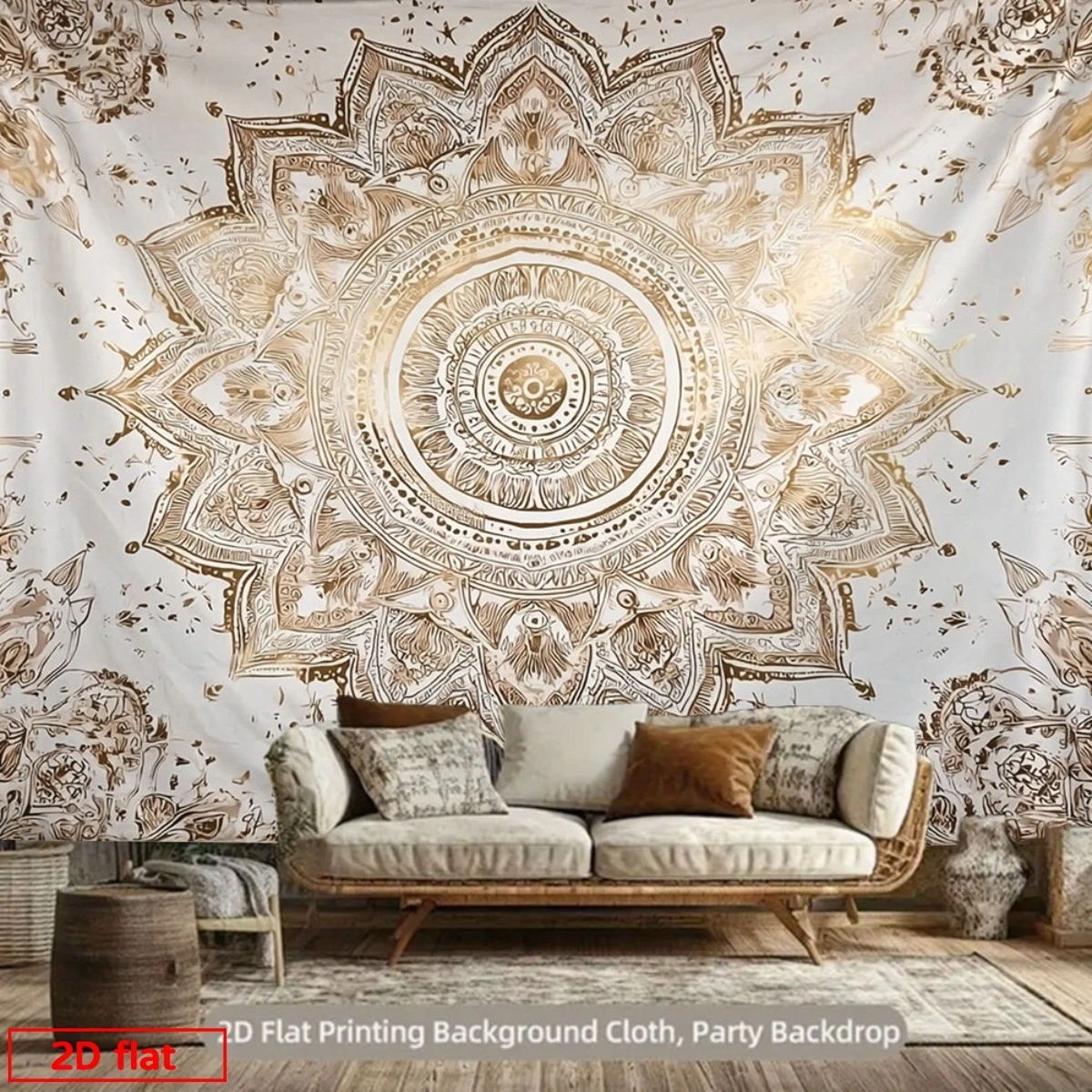 1pc Boho Gold Mandala Tapestry Wall Hanging, 2D Flat Printed Bohemian Home Decor Backdrop Cloth for Party Living Room Bedroom