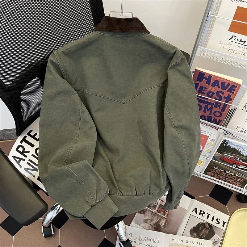 American Casual Workwear Jacket Men's Autumn Cleanfit Retro Lapel Zipper Up Coat Unisex Oversized Motorcycle Patchwork Jacket