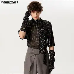 2024 Men Shirt Printing Stand Collar Half Sleeve Gloves Streetwear Casual Men Clothing Chiffon Transparent Camisas S-5XL INCERUN