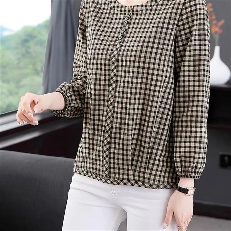 Women Autumn Long Sleeve Plaid Cotton Blouse Vintage Loose Female Round Neck Shirts Casual Street Lady Korean Oversized Top 2022