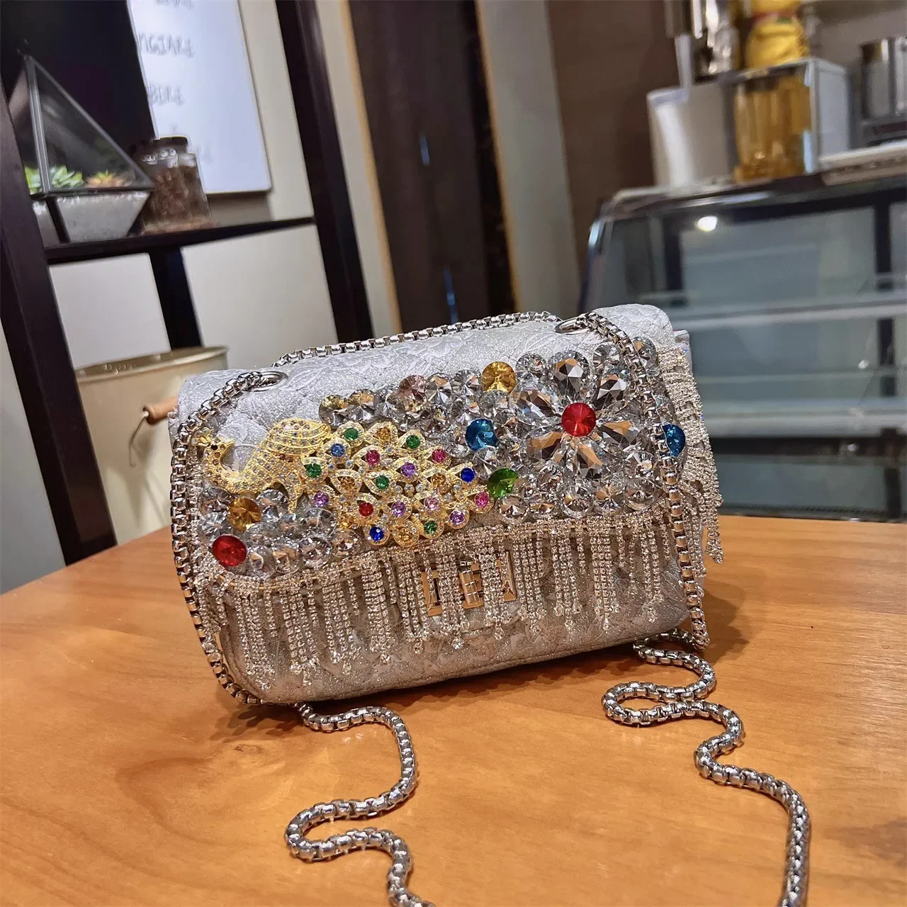 New Luxury Peacock Pattern Shoulder Bag for Women with Chain Strap Crossbody Bag Everning Bags with Diamond and Crystals