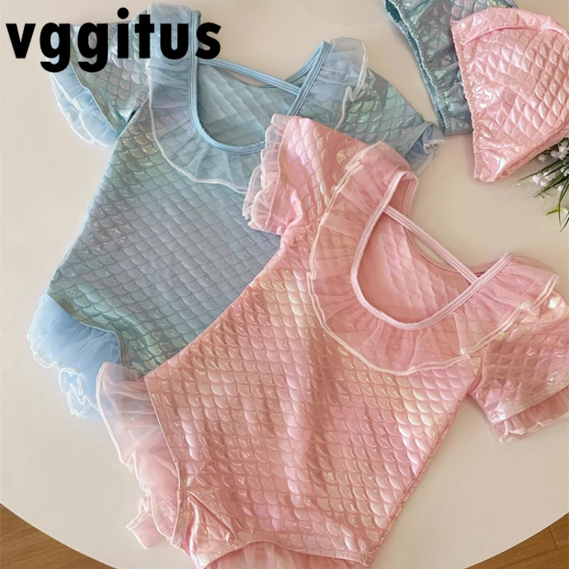

Summer New 1-7Y Baby Girls Mermaid One-Pieces Swimwear Pink Blue Lace Patchwork Neck Backless Swimsuit Kids Beach Swimsuit H0213