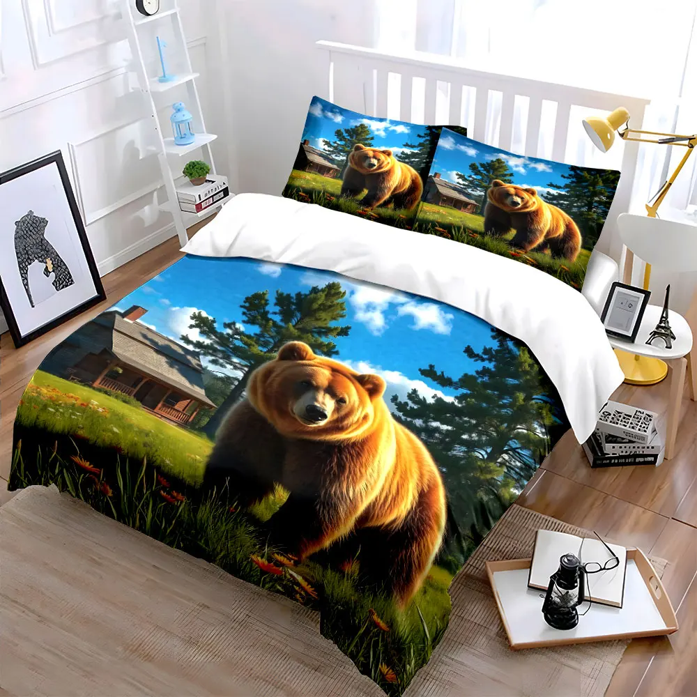3pcs Brown bear on meadow near cabin Print Soft Comfortable Duvet Cover Bedding Set Included 1*Duvet Cover 2*Pillowcases