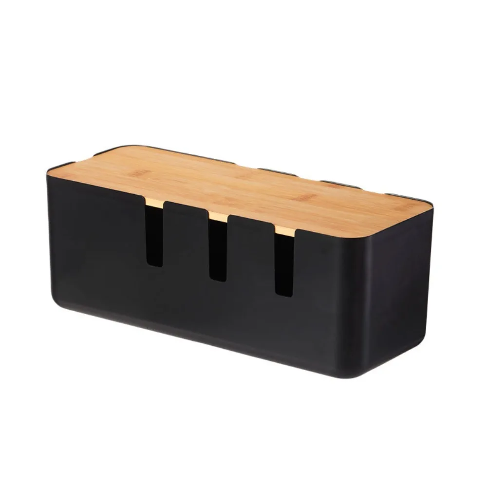 

Plastic Household Cable Management Box with Wooden Lid Storage Bin Power Cord Case Dustproof Space Saving Desk Power Cable Box