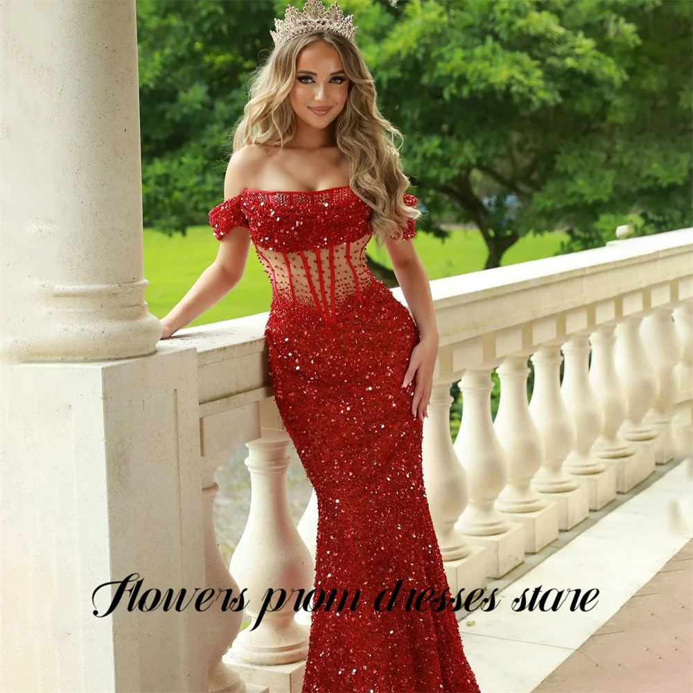 

Flowers Red Party Dress Off the Shoulder Short Sleeve Evening Dress Wrap Hips Prom Gown Sequin فساتين سهره Customized
