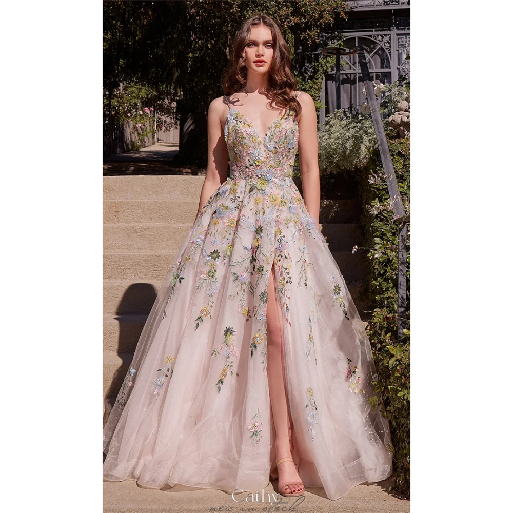 

Cathy V Neck Exquisite Flowers Prom Dress Spagetti Strap Side Slit vestidos de noiva Customized A-line Floor-length Formal 2025