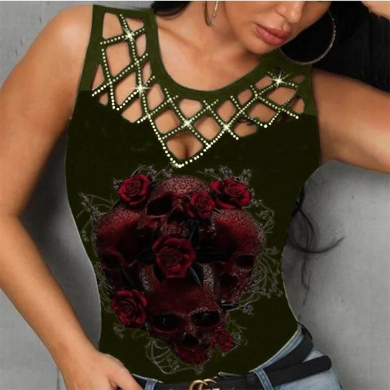 Summer New Hollow Rose Print T-shirt Women Sleeveless Sequins Sexy Suspender Vest Versatile Simple Comfortable Lady Top