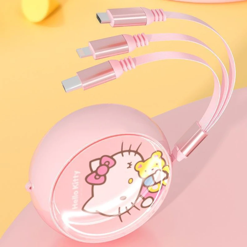 Sanrio Hello Kitty 3-in-1 Fast Charging Retractable Charger for Car, Suitable for Android and Apple Universal Data Cable