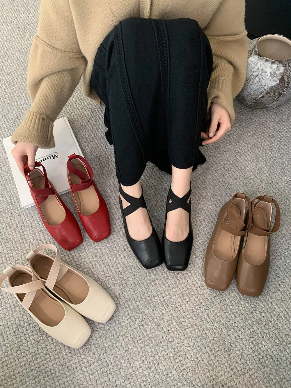 

Square Toe Women Loafers Ballet Dance Shoes Flat Low Heels 2023 New Arrivals Black Beige Khaki Brown Dress Sandals Pumps Size 39