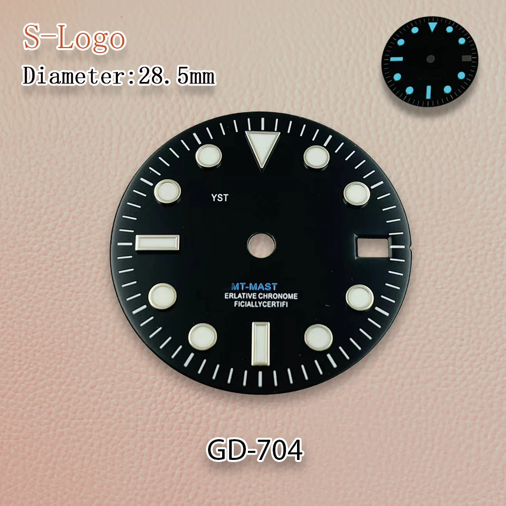 28.5mm S Logo Black GMT NH34 Dial Silvery Index Movement Ice Blue Luminous High Quality Watch Modification Accessories Repair