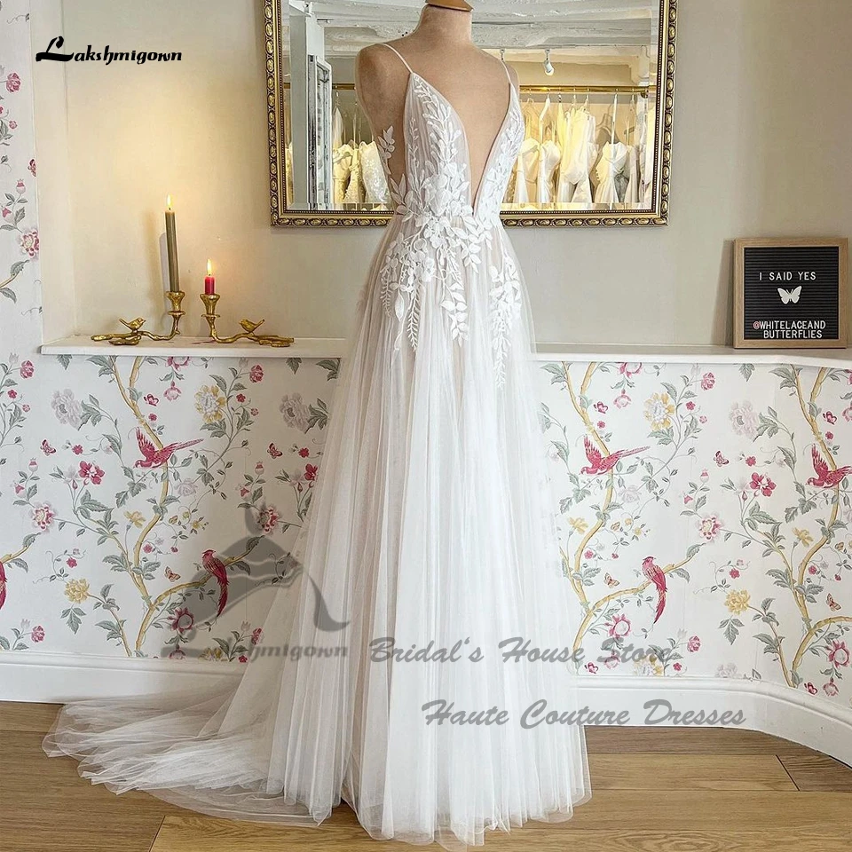 Lakshmigown Bohemian Bridal Dress For Wedding 2024 Sukienki Plunging Champagne Tulle Long Beach Wedding Dresses Open Back