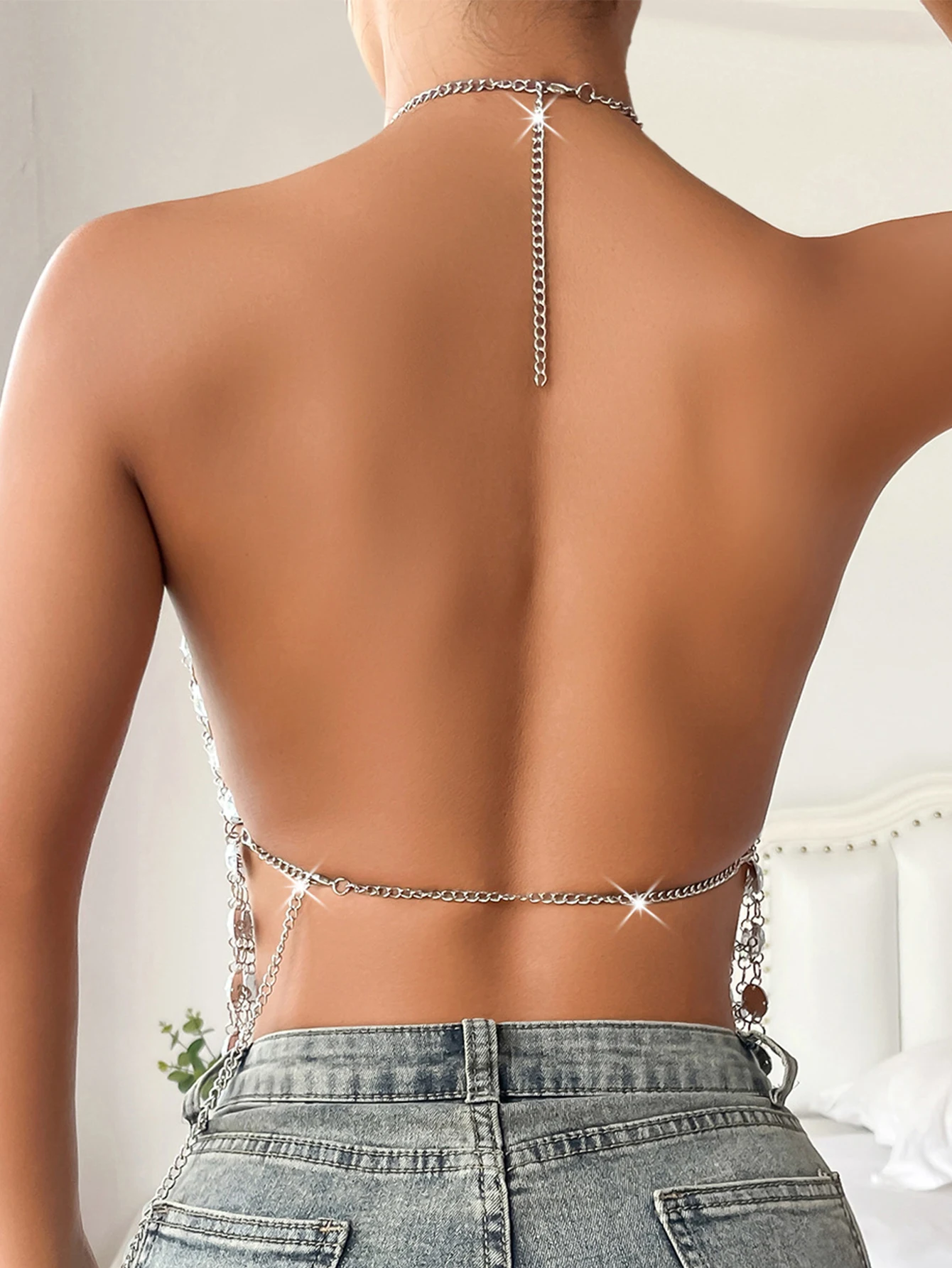 Sexy See Through Rhinestone Corset Crop Top Women Summer Clothes Metal Chain Halter Tank Top Club Rave Outfit Beach Party Tops