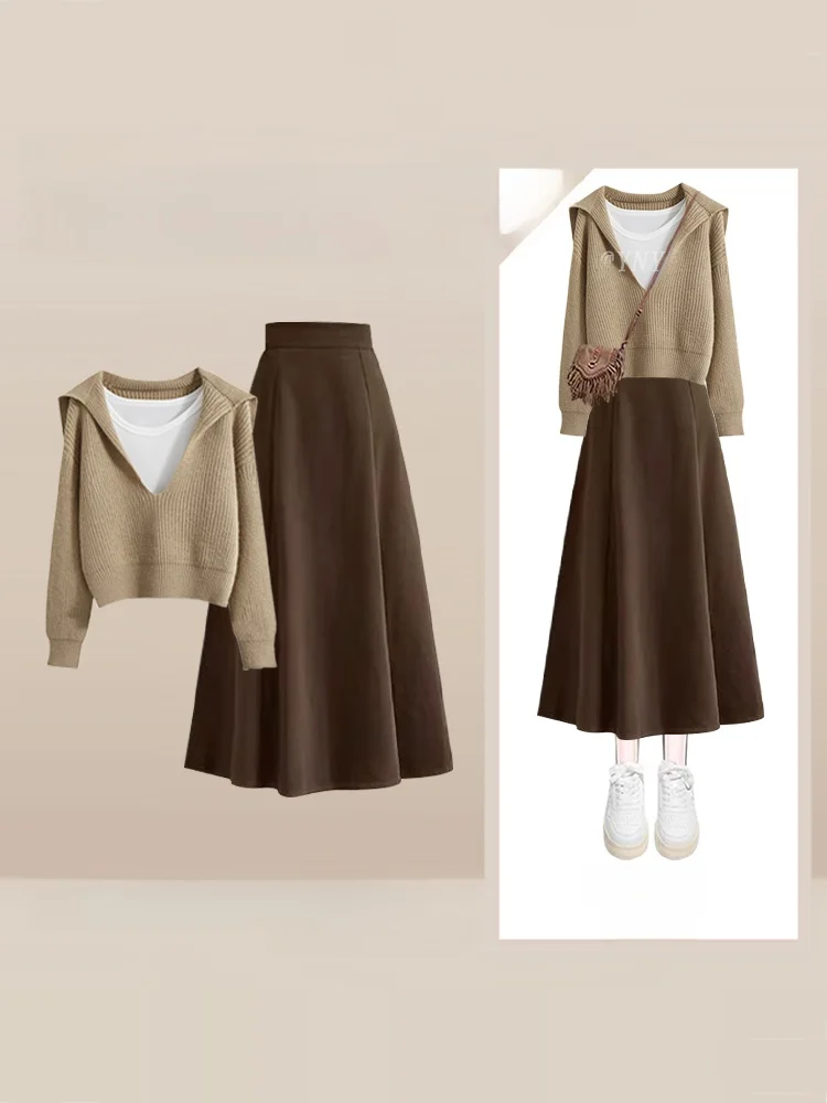 

Loose Korean Sle Women's Sweater Vest And Skirt Set V-Ne Long Sve Casual Faion Tee-Piece Ensemble Autumn Wear