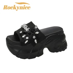 Women Bling Chunky Slippers Summer Ladies Beach Flip-Flops Wedges Heels Outside Sandals Woman High Platform Leather Shoes 9CM