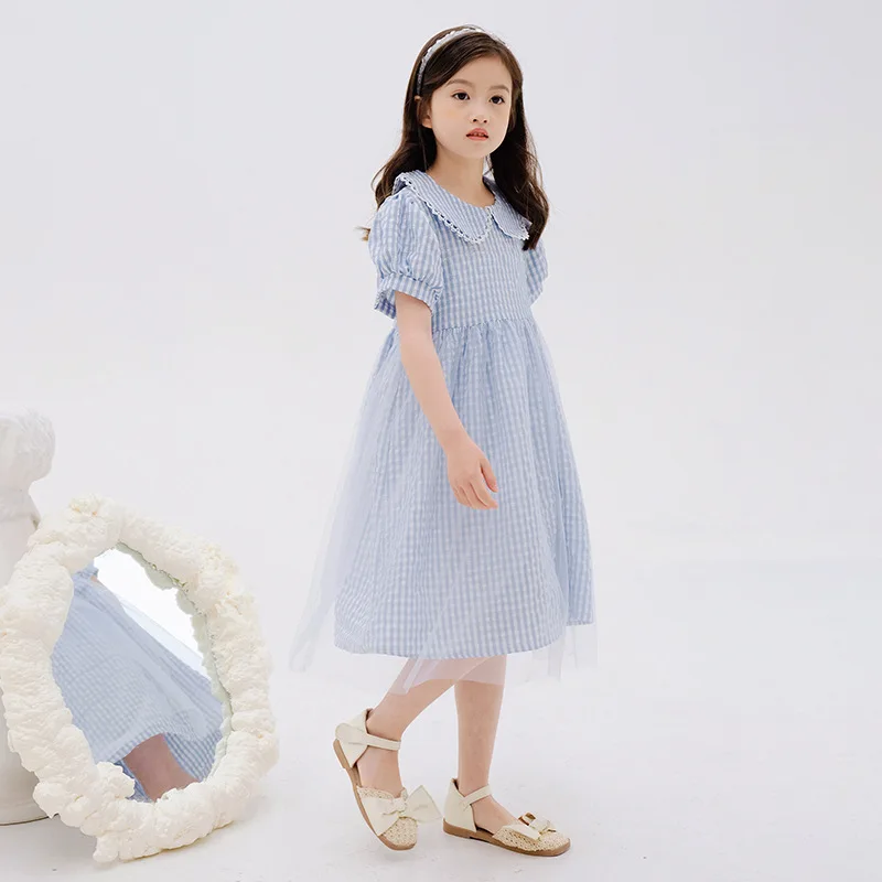 Girls Summer Dress Fashion Plaid Short Sleeve Cotton Kids Princess Birthday Dresses Children Clothes