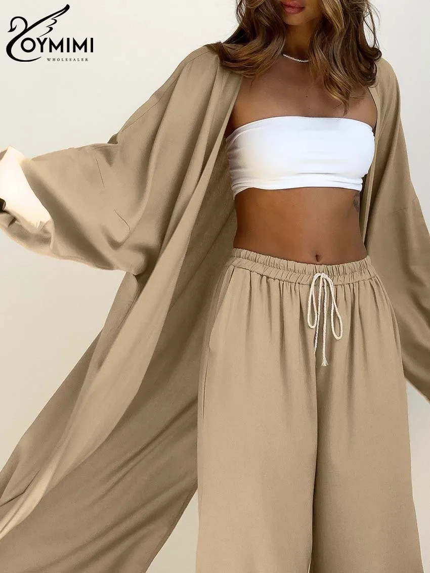 Oymimi Elegant Khaki 2 Piece Sets Women Outfit Casual Long Sleeve Loose Robe And Drawstring Full Length Trousers Sets Homewear