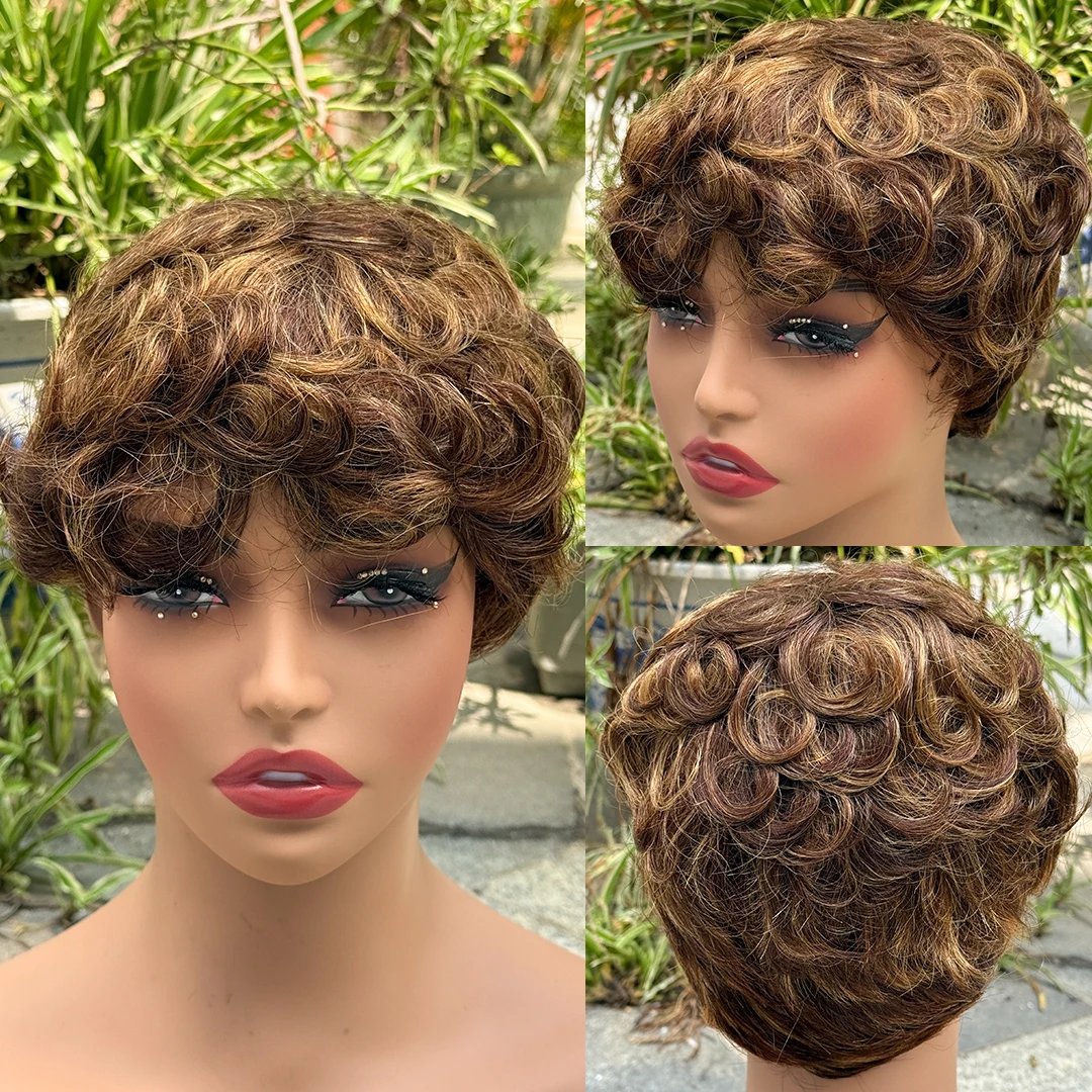 

Смешанный 4/27 # Парик Боб с челкой, парики с стрижкой пикси, человеческие волосы, короткие вьющиеся парики для женщин, полный парик машинного производства