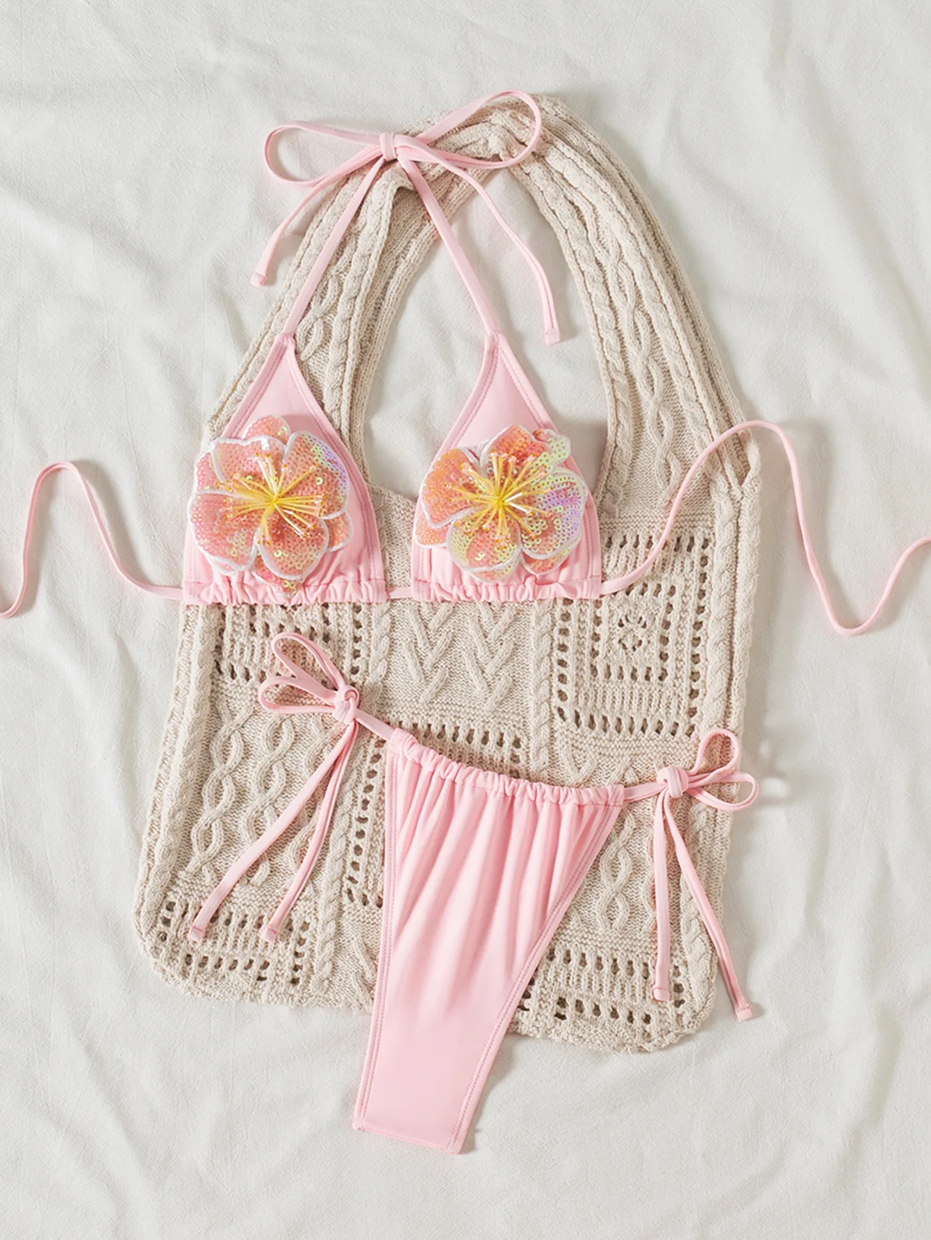 Seksowne bikini 3D z cekinami, różowe komplety dwuczęściowe, stroje kąpielowe wiązane na szyi, stringi, odzież plażowa, biquini conjunto de bikini tankini