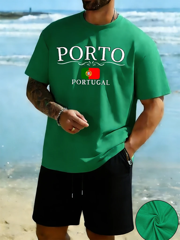 

Porto Portugal Letter And Flag Print Cotton Beach T-Shirt Man'S Sets O-Neck Breathable All-Match Tops Fitness Summer Short Pants